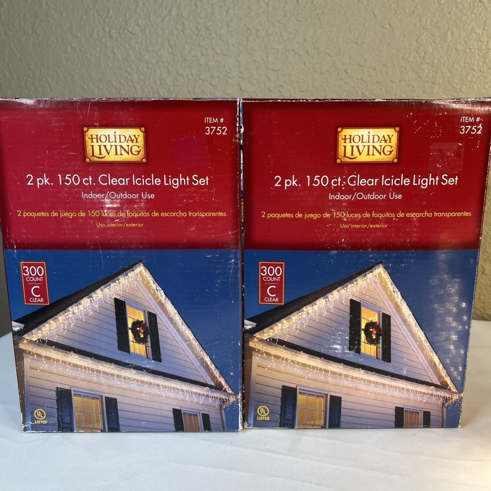 New- 2/ Holiday Living Icicle Lights 300 Each -Clear White Wire Christmas 17.7'